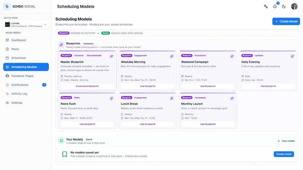 SchdoSocial scheduling models page with blueprint templates for weekday morning, weekend campaign, daily evening, and reels rush posting schedules